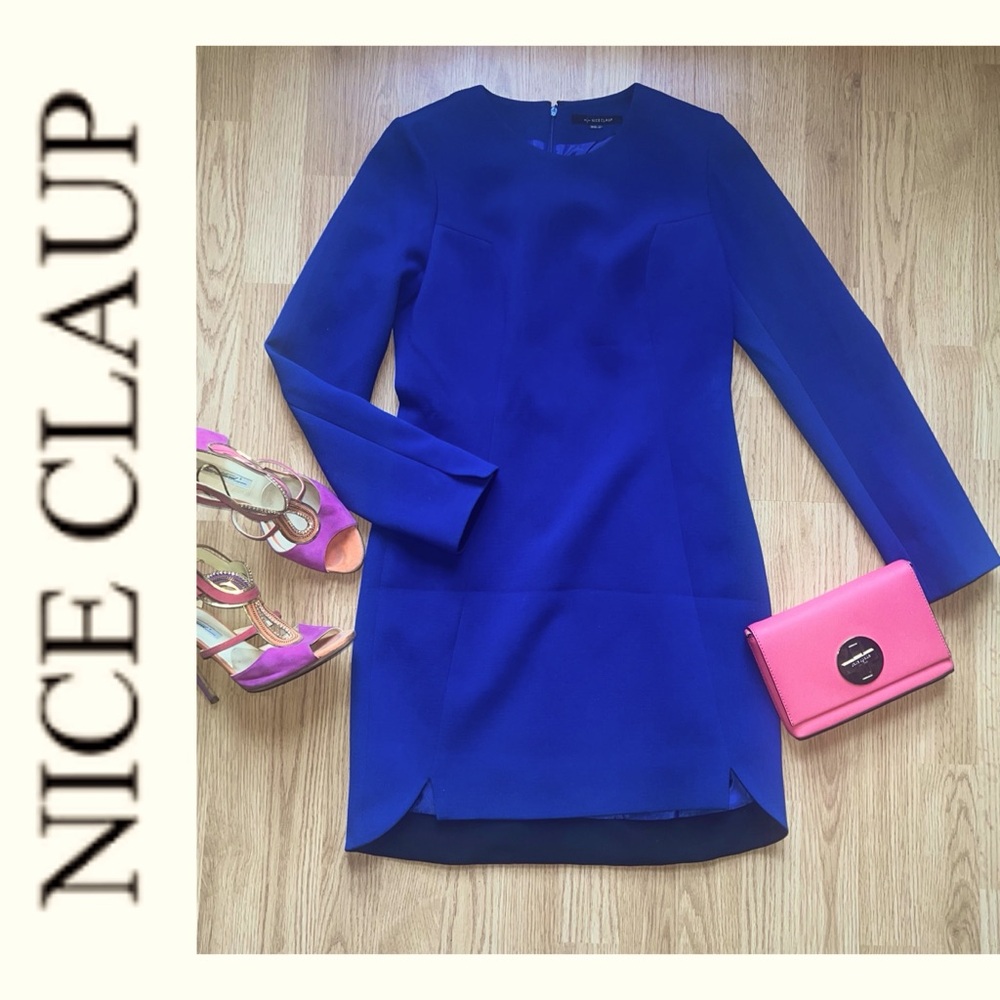 Korean Nice Claup wool blend cobalt blue long sleeve mini dress